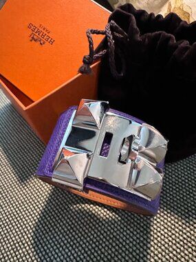HERMES Collier de Chien cuff Bracelet Purple Leather Silver Plated